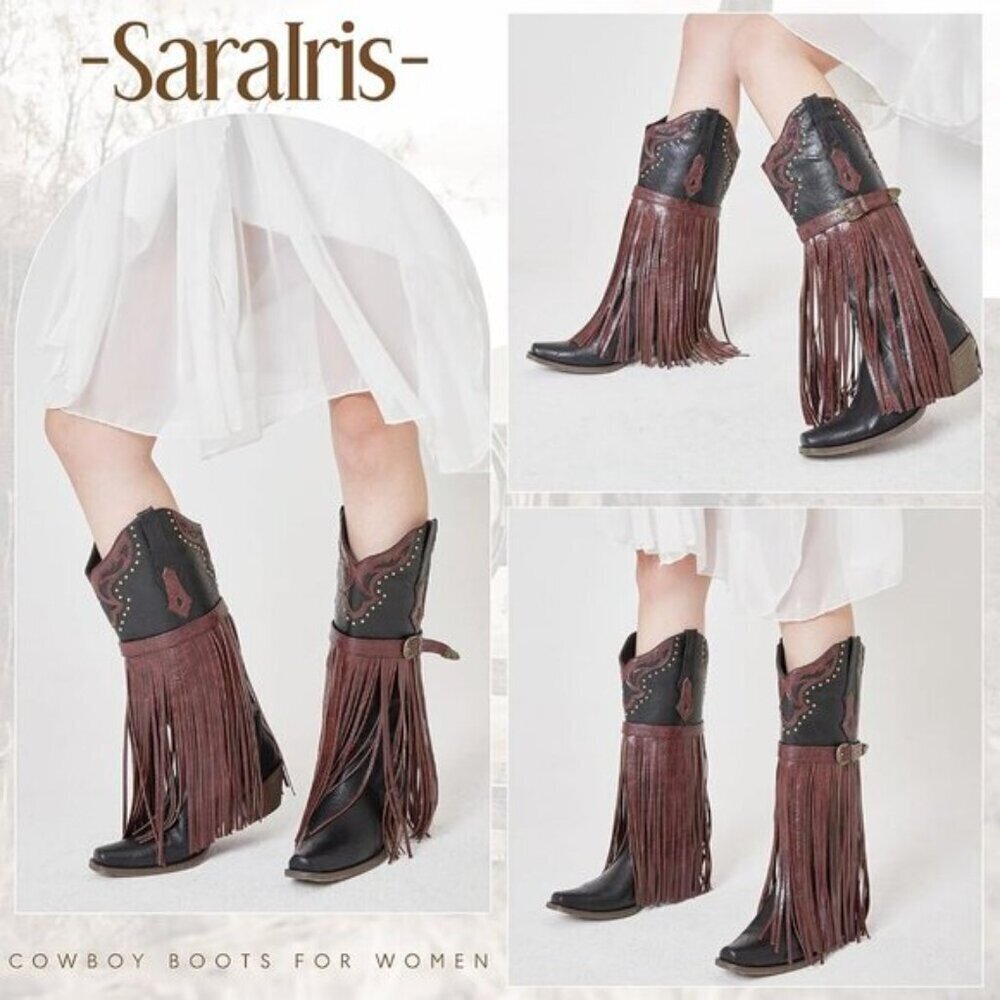 SaraIris Women's Western Booties | Black Pointed Toe Fringe Mid-Calf Cowgirl - Picture 6 of 7